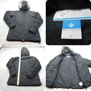 Columbia Down Jacket Womens Small Black Faux Fur Hood‎ Full Zip Quilted Puffer